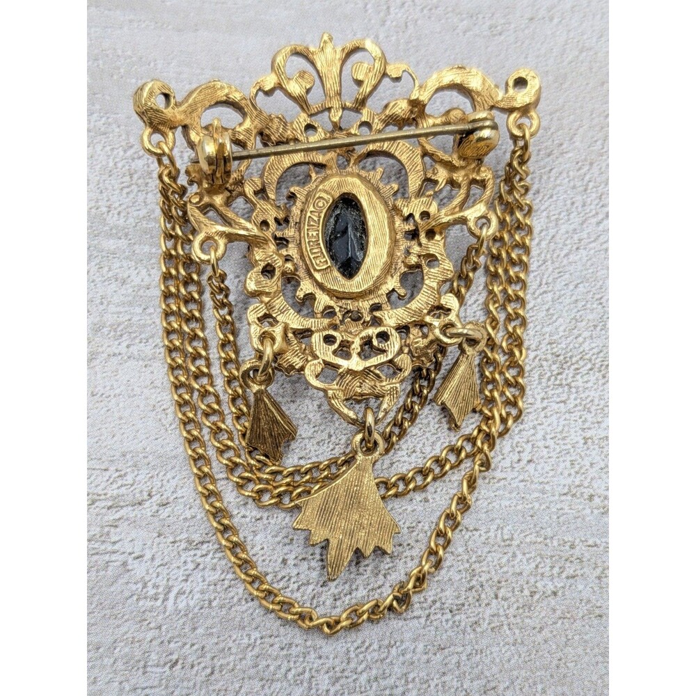 Florenza Brooch Black Cabochon Drape Chain Gold Tone Filigree 2.5in Signed Pin - Picture 11 of 16
